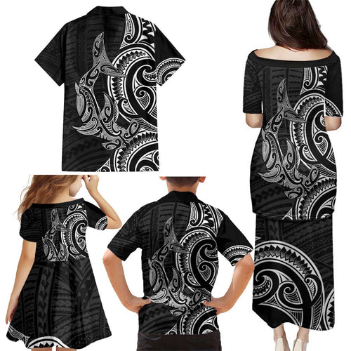 New Zealand Hammerhead Shark Family Matching Puletasi and Hawaiian Shirt Maori Haehae Mangopare Black - Aussie Hoodie