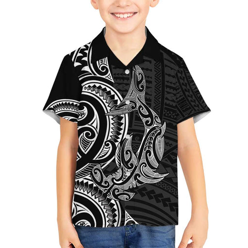 New Zealand Hammerhead Shark Family Matching Puletasi and Hawaiian Shirt Maori Haehae Mangopare Black - Aussie Hoodie