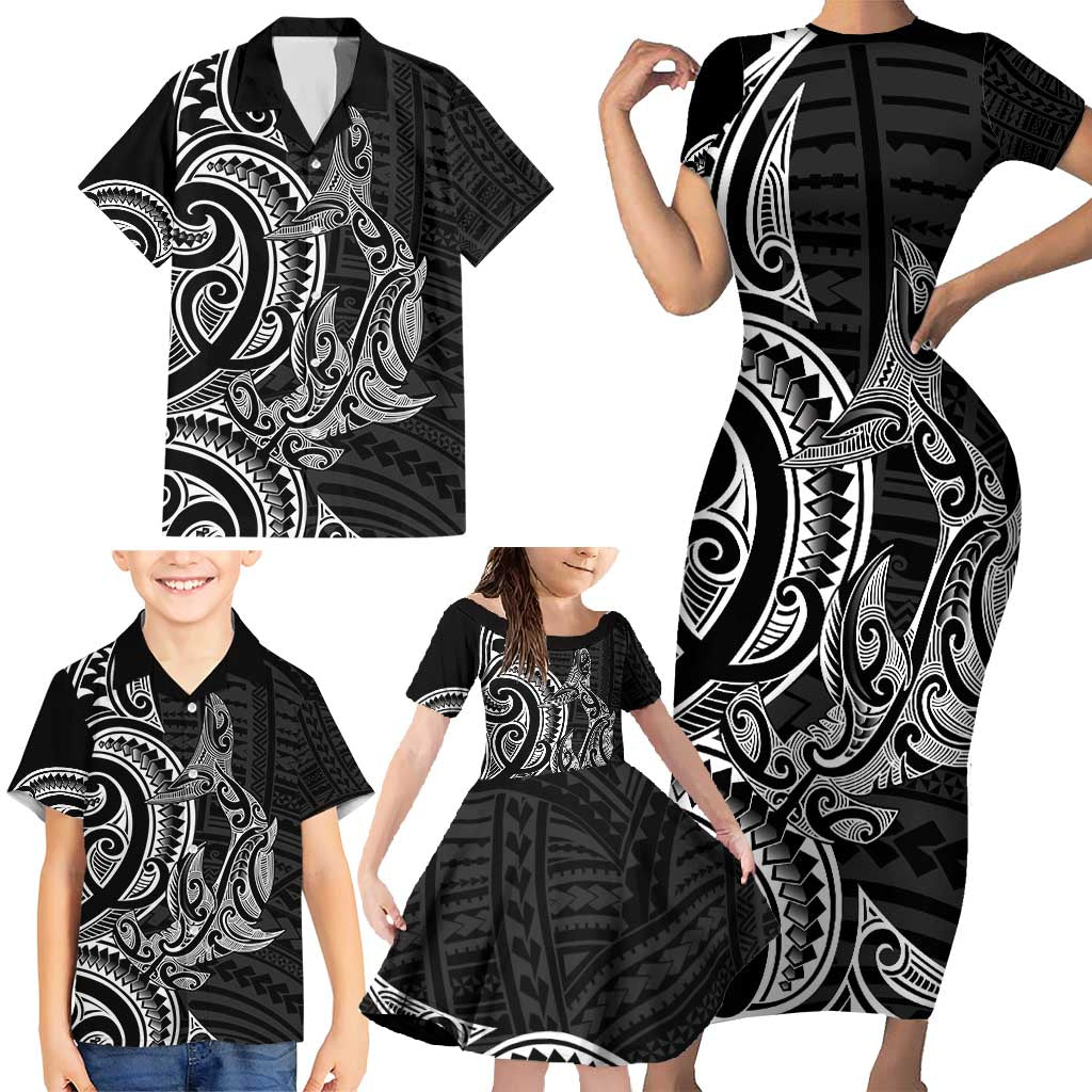 New Zealand Hammerhead Shark Family Matching Short Sleeve Bodycon Dress and Hawaiian Shirt Maori Haehae Mangopare Black - Aussie Hoodie