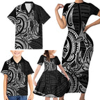 New Zealand Hammerhead Shark Family Matching Short Sleeve Bodycon Dress and Hawaiian Shirt Maori Haehae Mangopare Black - Aussie Hoodie