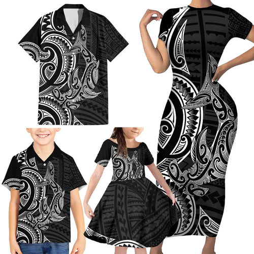 New Zealand Hammerhead Shark Family Matching Short Sleeve Bodycon Dress and Hawaiian Shirt Maori Haehae Mangopare Black - Aussie Hoodie