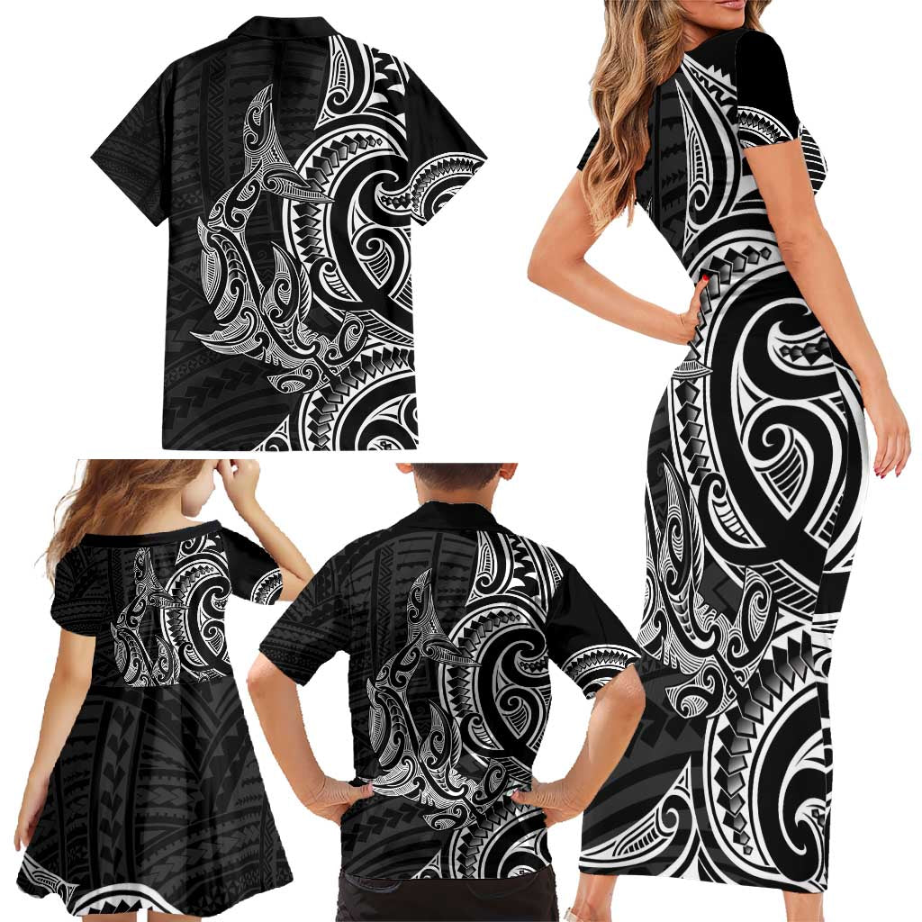 New Zealand Hammerhead Shark Family Matching Short Sleeve Bodycon Dress and Hawaiian Shirt Maori Haehae Mangopare Black - Aussie Hoodie