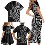 New Zealand Hammerhead Shark Family Matching Short Sleeve Bodycon Dress and Hawaiian Shirt Maori Haehae Mangopare Black - Aussie Hoodie