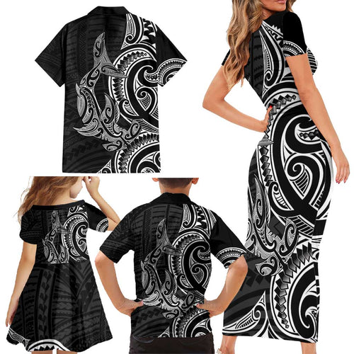 New Zealand Hammerhead Shark Family Matching Short Sleeve Bodycon Dress and Hawaiian Shirt Maori Haehae Mangopare Black - Aussie Hoodie