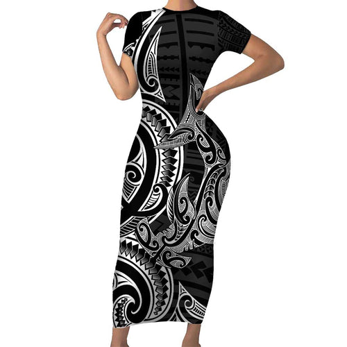New Zealand Hammerhead Shark Family Matching Short Sleeve Bodycon Dress and Hawaiian Shirt Maori Haehae Mangopare Black - Aussie Hoodie