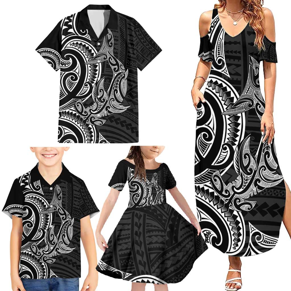 New Zealand Hammerhead Shark Family Matching Summer Maxi Dress and Hawaiian Shirt Maori Haehae Mangopare Black - Aussie Hoodie
