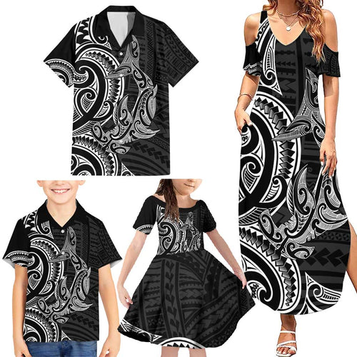 New Zealand Hammerhead Shark Family Matching Summer Maxi Dress and Hawaiian Shirt Maori Haehae Mangopare Black - Aussie Hoodie