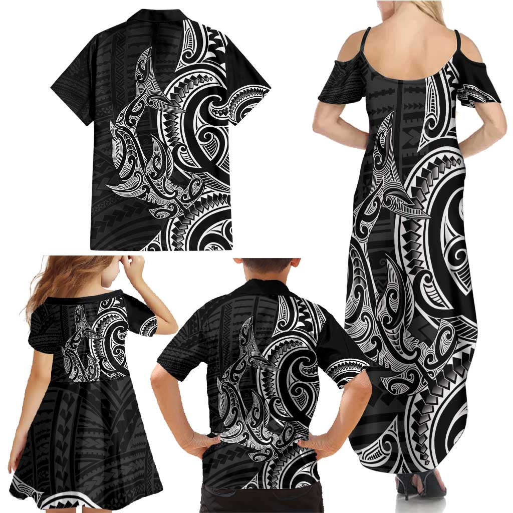New Zealand Hammerhead Shark Family Matching Summer Maxi Dress and Hawaiian Shirt Maori Haehae Mangopare Black - Aussie Hoodie
