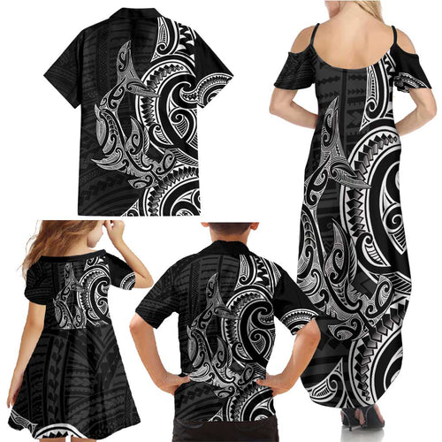 New Zealand Hammerhead Shark Family Matching Summer Maxi Dress and Hawaiian Shirt Maori Haehae Mangopare Black - Aussie Hoodie