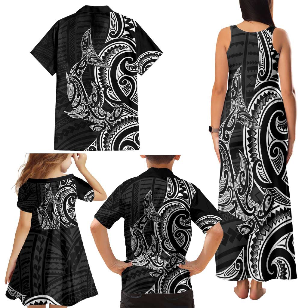 New Zealand Hammerhead Shark Family Matching Tank Maxi Dress and Hawaiian Shirt Maori Haehae Mangopare Black - Aussie Hoodie