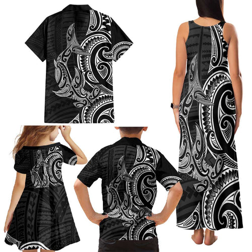 New Zealand Hammerhead Shark Family Matching Tank Maxi Dress and Hawaiian Shirt Maori Haehae Mangopare Black - Aussie Hoodie
