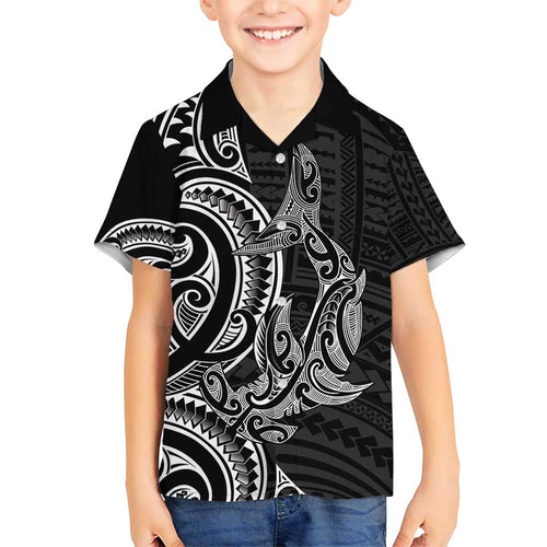 New Zealand Hammerhead Shark Kid Hawaiian Shirt Maori Haehae Mangopare Black - Aussie Hoodie