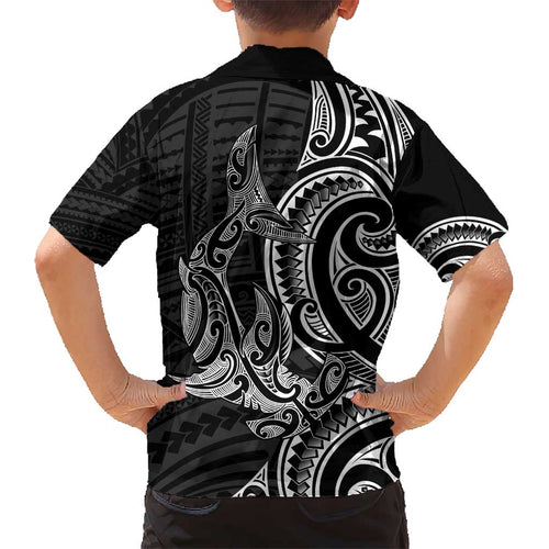 New Zealand Hammerhead Shark Kid Hawaiian Shirt Maori Haehae Mangopare Black - Aussie Hoodie