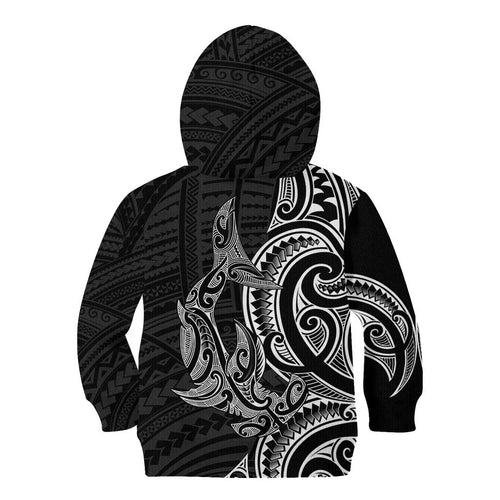 New Zealand Hammerhead Shark Kid Hoodie Maori Haehae Mangopare Black - Aussie Hoodie