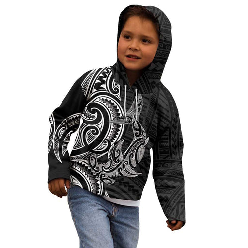New Zealand Hammerhead Shark Kid Hoodie Maori Haehae Mangopare Black - Aussie Hoodie