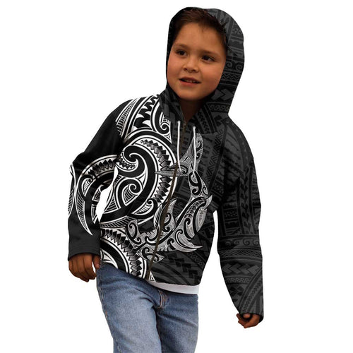 New Zealand Hammerhead Shark Kid Hoodie Maori Haehae Mangopare Black - Aussie Hoodie