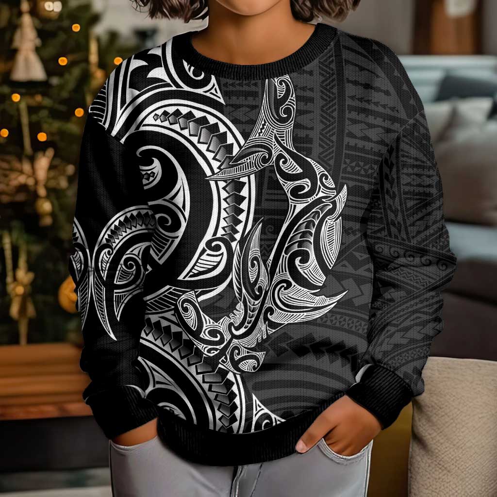 New Zealand Hammerhead Shark Kid Ugly Christmas Sweater Maori Haehae Mangopare Black - Aussie Hoodie