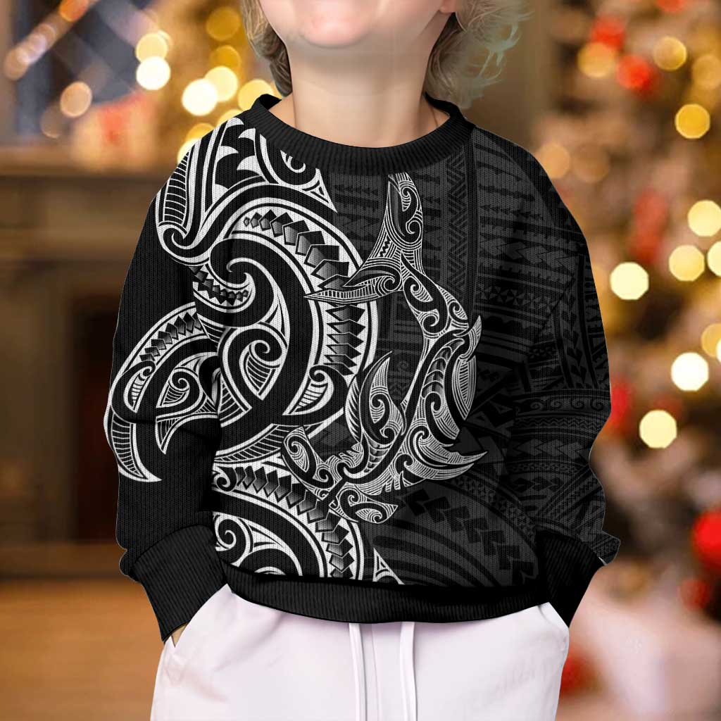 New Zealand Hammerhead Shark Kid Ugly Christmas Sweater Maori Haehae Mangopare Black - Aussie Hoodie