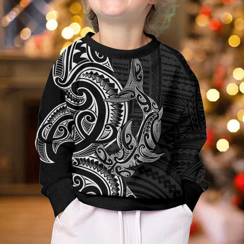 New Zealand Hammerhead Shark Kid Ugly Christmas Sweater Maori Haehae Mangopare Black - Aussie Hoodie