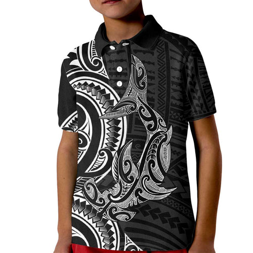 New Zealand Hammerhead Shark Kid Polo Shirt Maori Haehae Mangopare Black - Aussie Hoodie