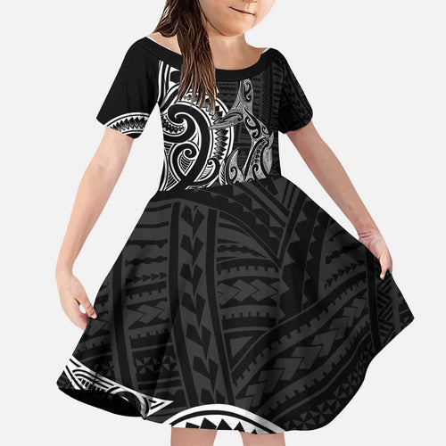 New Zealand Hammerhead Shark Kid Short Sleeve Dress Maori Haehae Mangopare Black - Aussie Hoodie