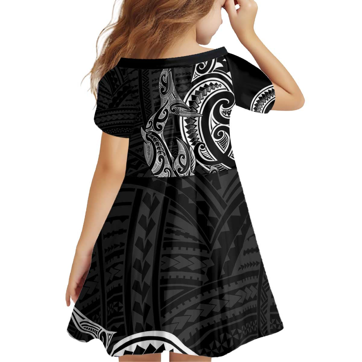 New Zealand Hammerhead Shark Kid Short Sleeve Dress Maori Haehae Mangopare Black - Aussie Hoodie