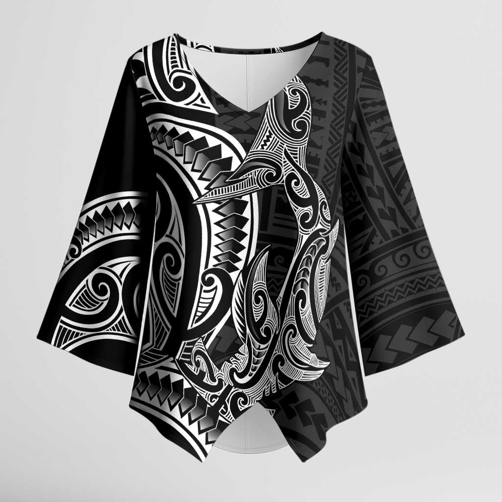 New Zealand Hammerhead Shark Kimono Sleeve Blouse Maori Haehae Mangopare Black - Aussie Hoodie
