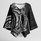 New Zealand Hammerhead Shark Kimono Sleeve Blouse Maori Haehae Mangopare Black - Aussie Hoodie