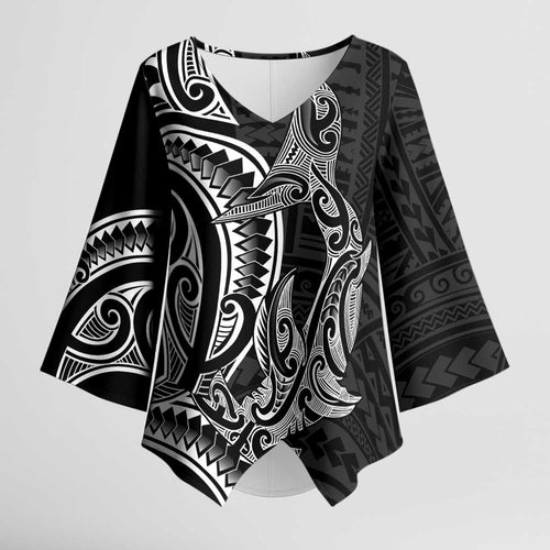 New Zealand Hammerhead Shark Kimono Sleeve Blouse Maori Haehae Mangopare Black - Aussie Hoodie