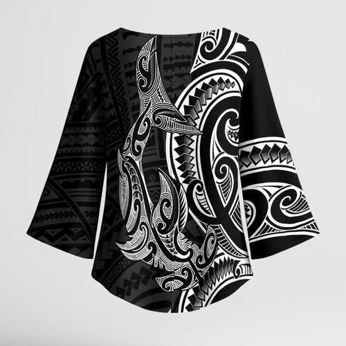 New Zealand Hammerhead Shark Kimono Sleeve Blouse Maori Haehae Mangopare Black - Aussie Hoodie