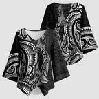 New Zealand Hammerhead Shark Kimono Sleeve Blouse Maori Haehae Mangopare Black - Aussie Hoodie