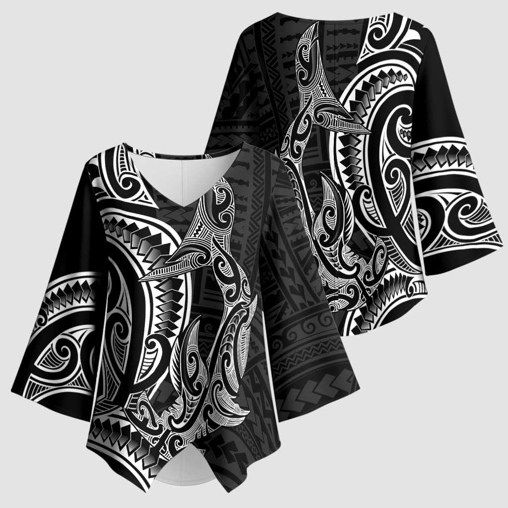 New Zealand Hammerhead Shark Kimono Sleeve Blouse Maori Haehae Mangopare Black - Aussie Hoodie