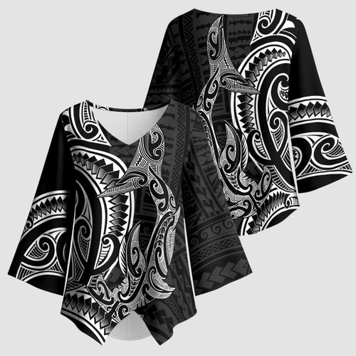 New Zealand Hammerhead Shark Kimono Sleeve Blouse Maori Haehae Mangopare Black - Aussie Hoodie