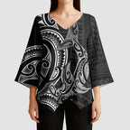 New Zealand Hammerhead Shark Kimono Sleeve Blouse Maori Haehae Mangopare Black - Aussie Hoodie