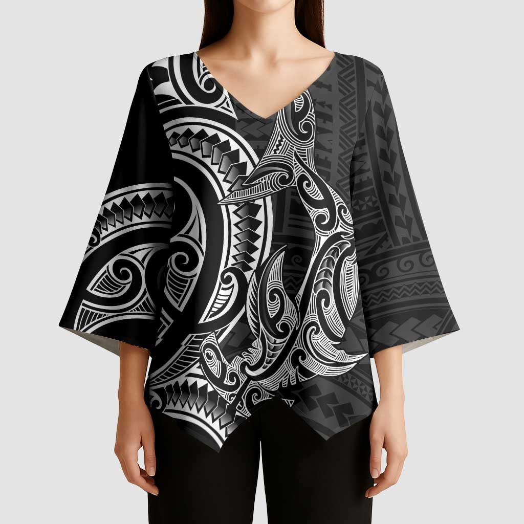 New Zealand Hammerhead Shark Kimono Sleeve Blouse Maori Haehae Mangopare Black - Aussie Hoodie