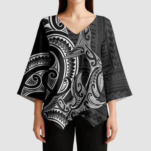 New Zealand Hammerhead Shark Kimono Sleeve Blouse Maori Haehae Mangopare Black - Aussie Hoodie