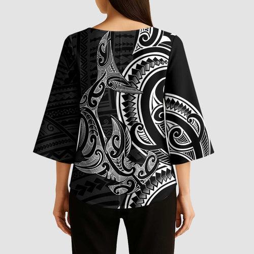 New Zealand Hammerhead Shark Kimono Sleeve Blouse Maori Haehae Mangopare Black - Aussie Hoodie