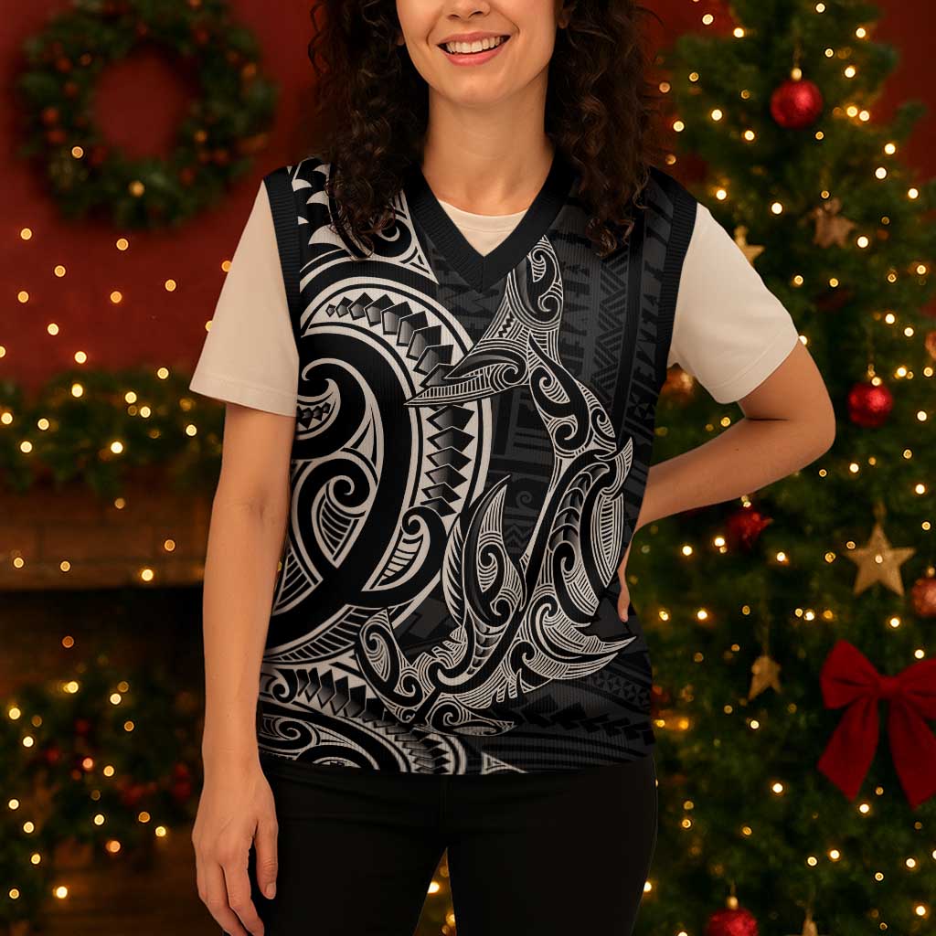 New Zealand Hammerhead Shark Christmas Knitted V-Neck Vest Maori Haehae Mangopare Black - Aussie Hoodie