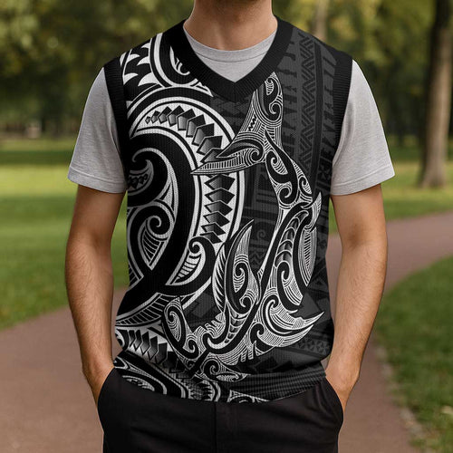 New Zealand Hammerhead Shark Christmas Knitted V-Neck Vest Maori Haehae Mangopare Black - Aussie Hoodie