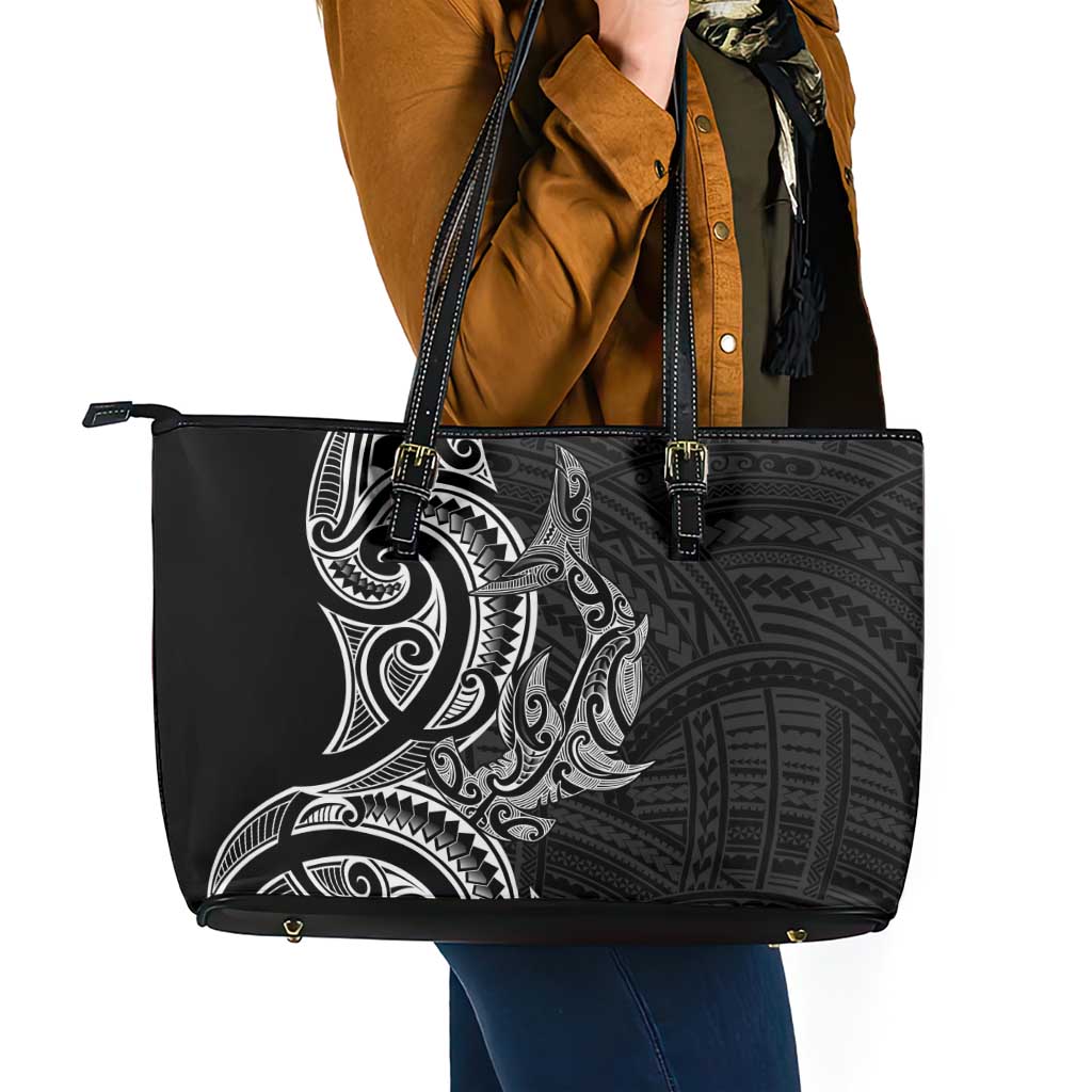 New Zealand Hammerhead Shark Leather Tote Bag Maori Haehae Mangopare Black - Aussie Hoodie