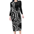 New Zealand Hammerhead Shark Long Sleeve Bodycon Dress Maori Haehae Mangopare Black - Aussie Hoodie