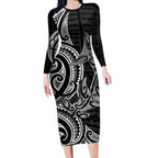 New Zealand Hammerhead Shark Long Sleeve Bodycon Dress Maori Haehae Mangopare Black - Aussie Hoodie