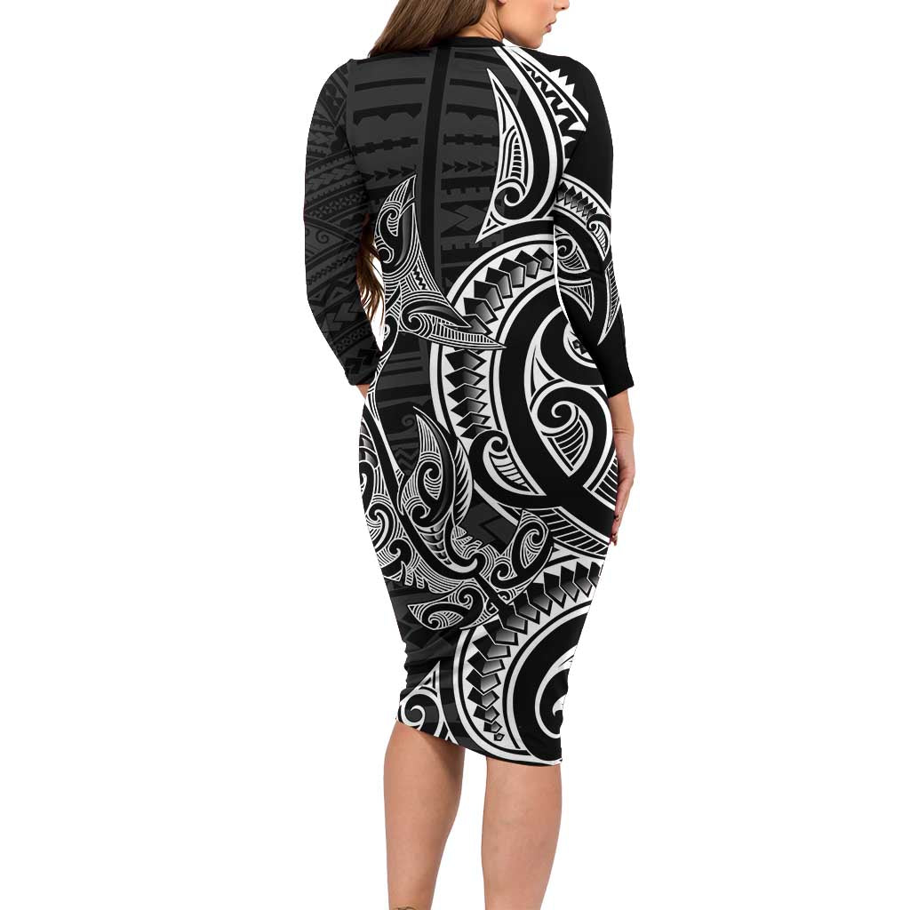 New Zealand Hammerhead Shark Long Sleeve Bodycon Dress Maori Haehae Mangopare Black - Aussie Hoodie