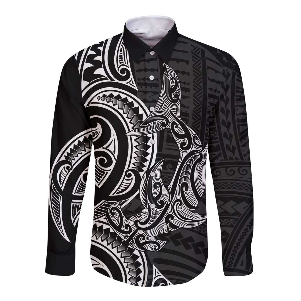 New Zealand Hammerhead Shark Long Sleeve Button Shirt Maori Haehae Mangopare Black - Aussie Hoodie