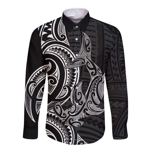 New Zealand Hammerhead Shark Long Sleeve Button Shirt Maori Haehae Mangopare Black - Aussie Hoodie