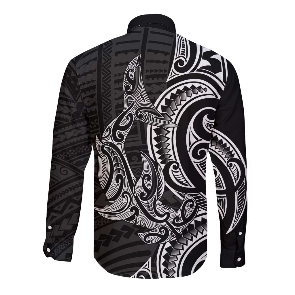 New Zealand Hammerhead Shark Long Sleeve Button Shirt Maori Haehae Mangopare Black - Aussie Hoodie