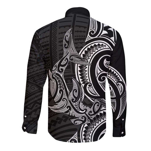 New Zealand Hammerhead Shark Long Sleeve Button Shirt Maori Haehae Mangopare Black - Aussie Hoodie