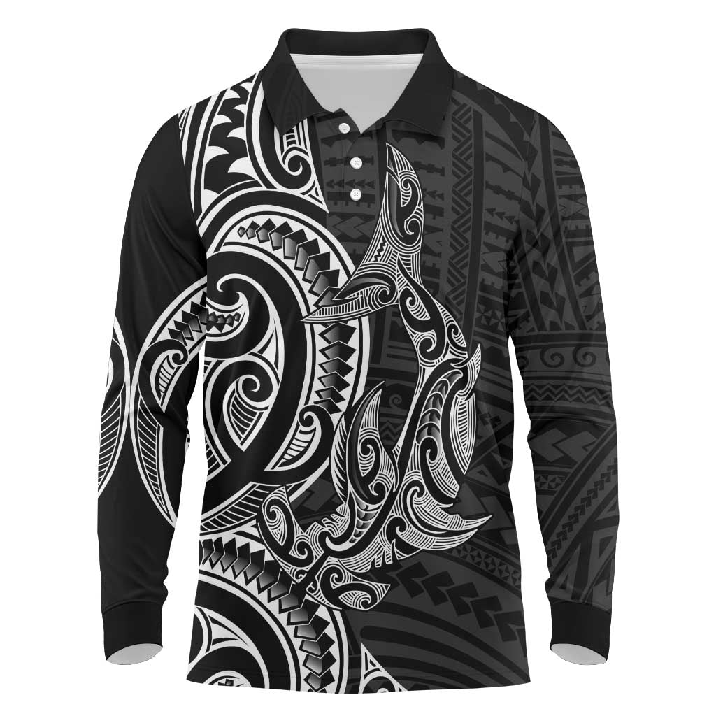 New Zealand Hammerhead Shark Long Sleeve Polo Shirt Maori Haehae Mangopare Black - Aussie Hoodie