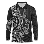 New Zealand Hammerhead Shark Long Sleeve Polo Shirt Maori Haehae Mangopare Black - Aussie Hoodie