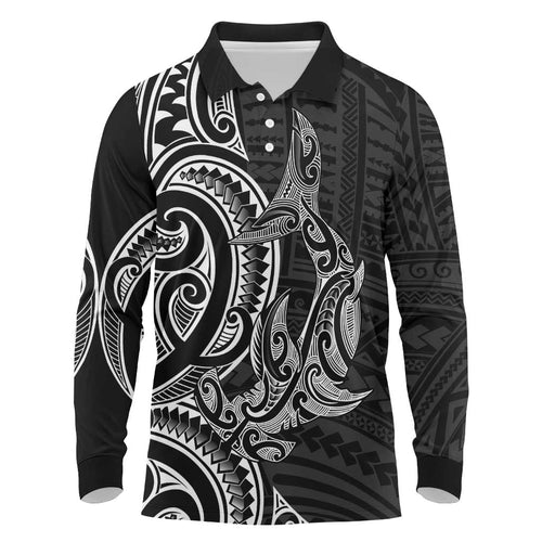 New Zealand Hammerhead Shark Long Sleeve Polo Shirt Maori Haehae Mangopare Black - Aussie Hoodie